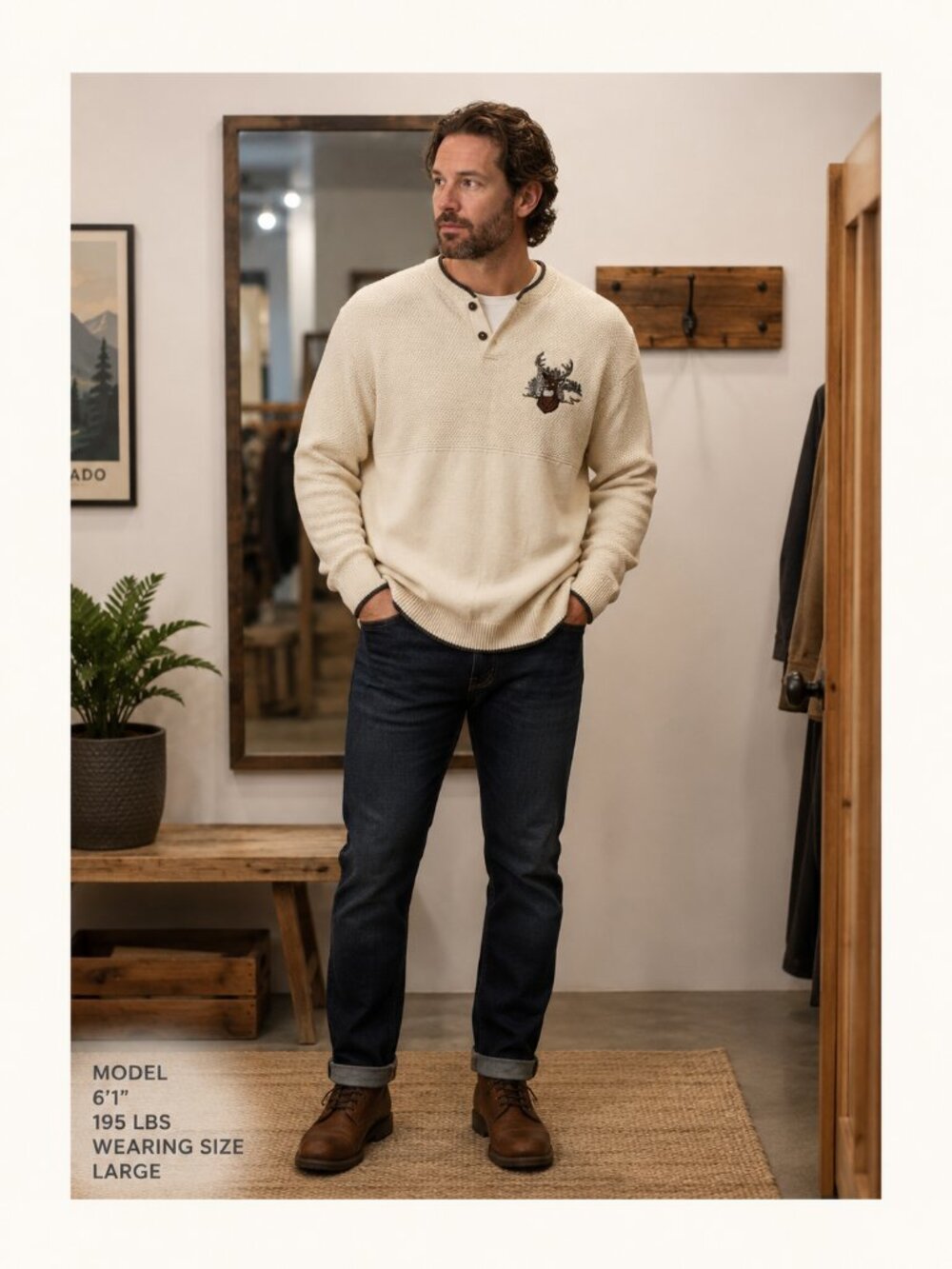 Croft & Barrow Deer Embroidered Henley Sweater Men's Large Ivory 100% Cotton Cab